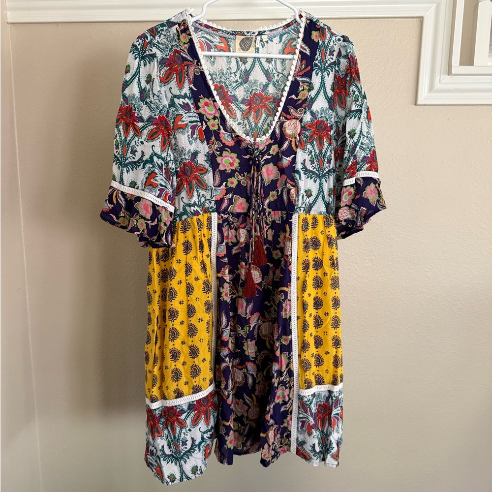 Anthropologie Boho Floral Patchwork V-Neck Women’s Dress - Picture 1 of 10